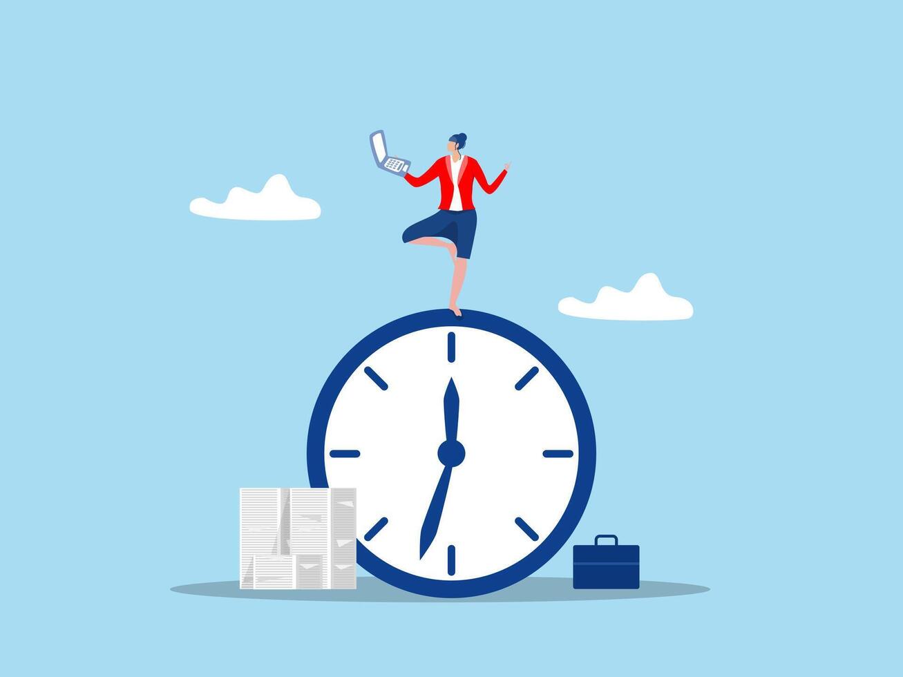 Work life balance or focus and time management,Business woman working with laptop while doing yoga or meditation on clock face.Flexible working hours vector