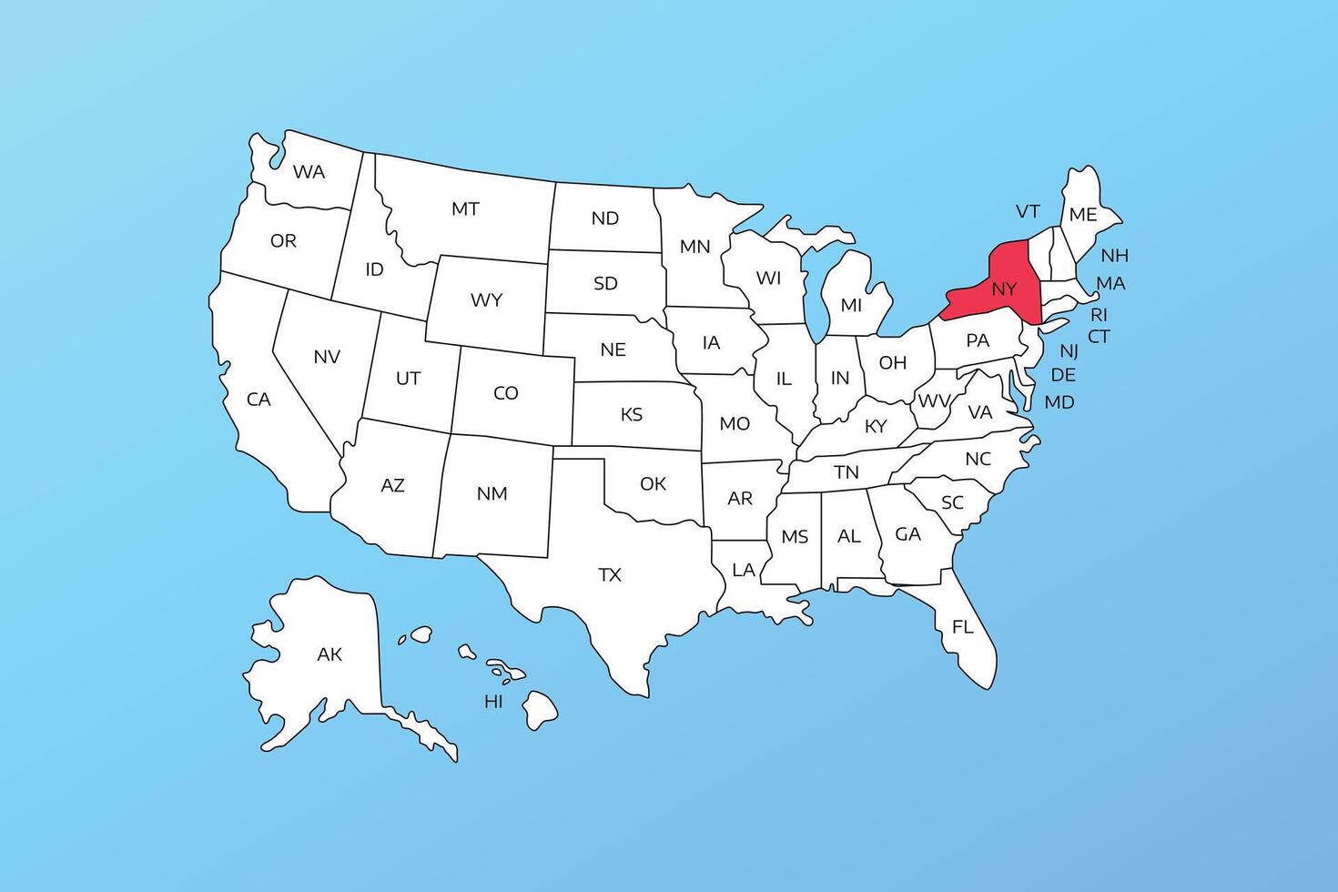 new york map isolated on United states map. Editable blank map of USA vector