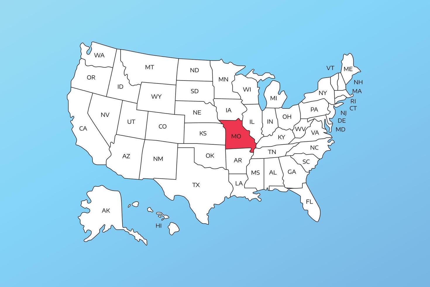 missouri map isolated on United states map. Editable blank map of USA vector