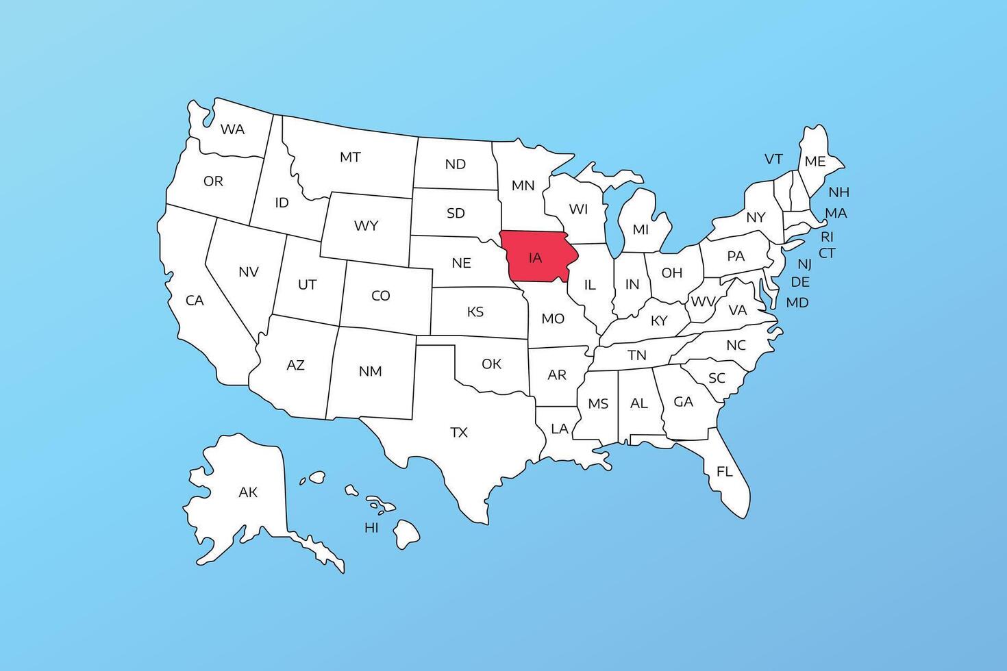 iowa map isolated on United states map. Editable blank map of USA vector