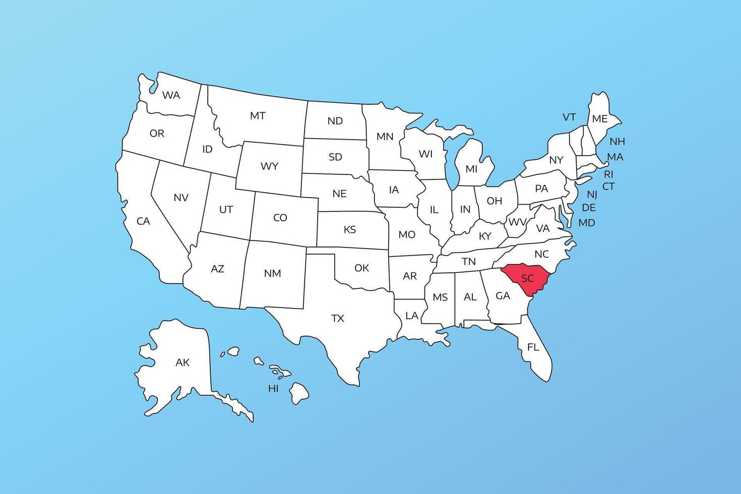 south carolina map isolated on United states map. Editable blank map of USA vector