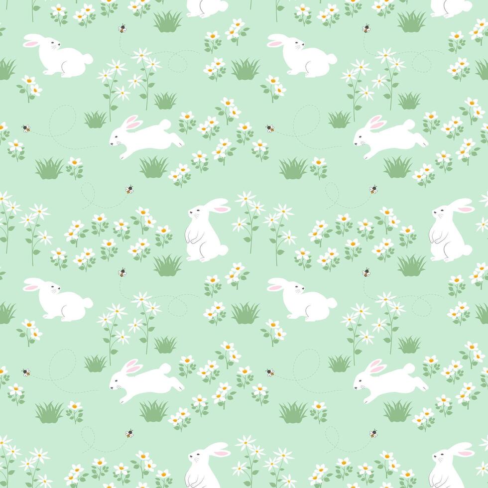 Easter seamless repeat pattern with cute rabbits and daisy flowers on green grass vector