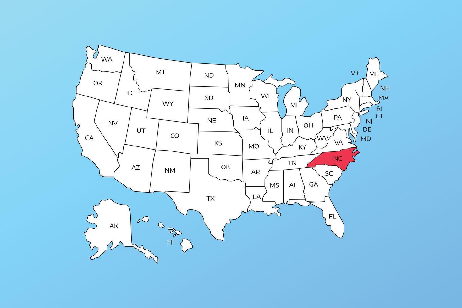 north carolina map isolated on United states map. Editable blank map of USA vector