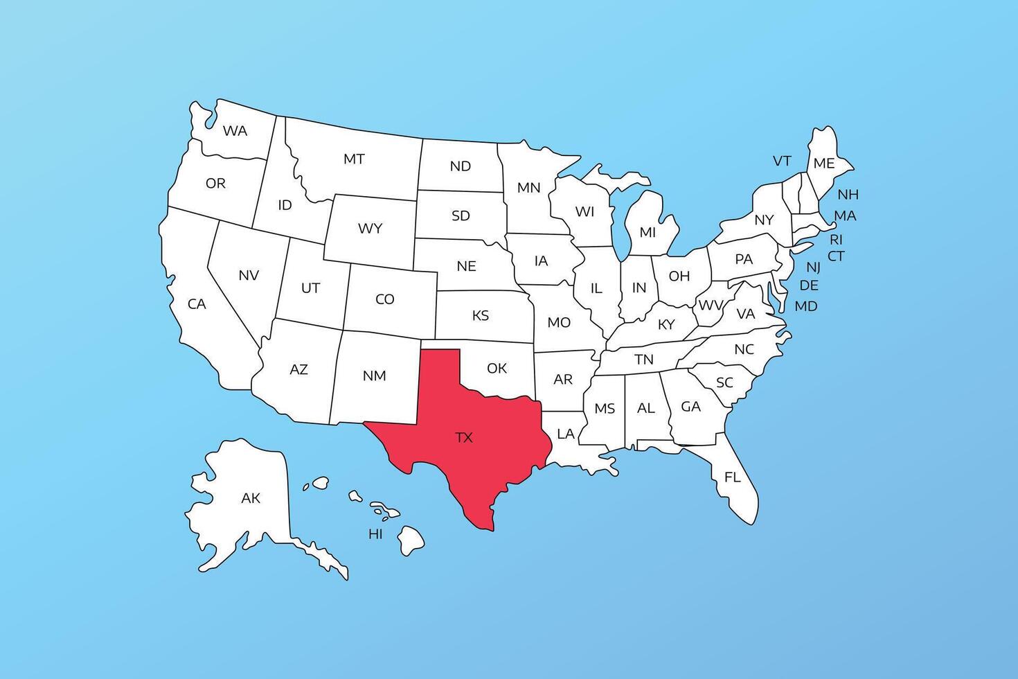 texas map isolated on United states map. Editable blank map of USA vector