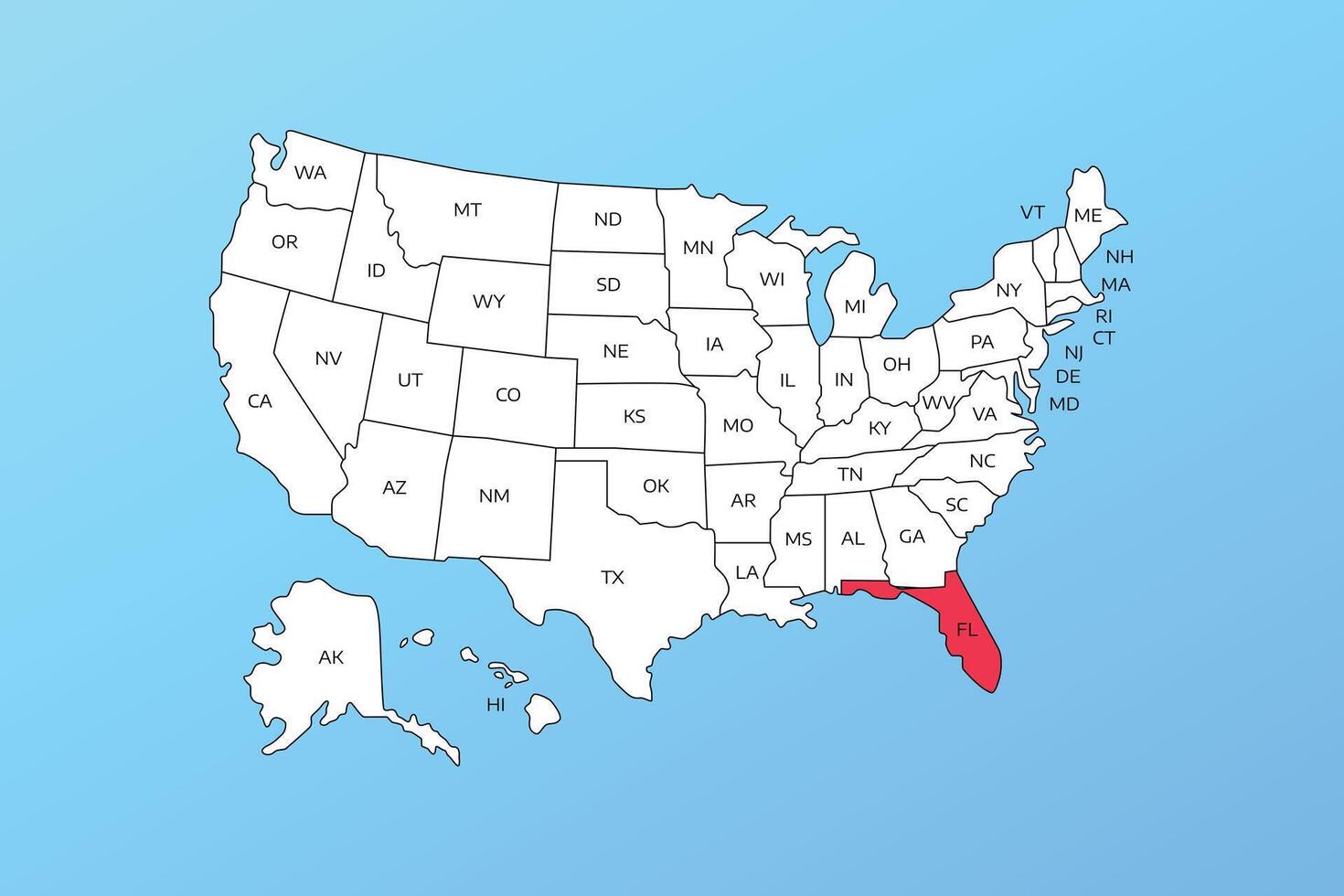 florida map isolated on United states map. Editable blank map of USA vector