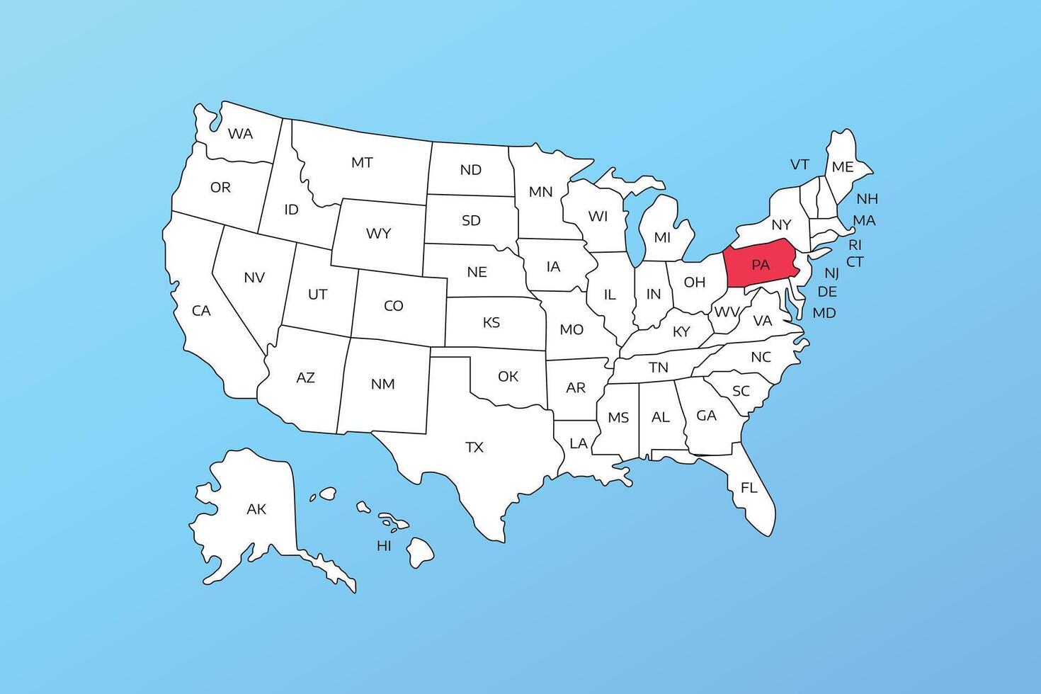 pensilvania map isolated on United states map. Editable blank map of USA vector