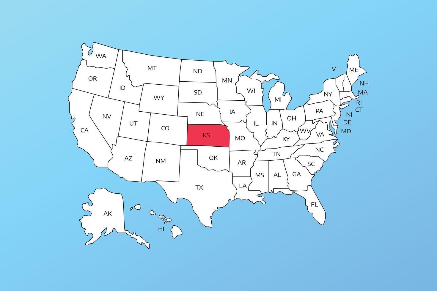 kansas map isolated on United states map. Editable blank map of USA vector