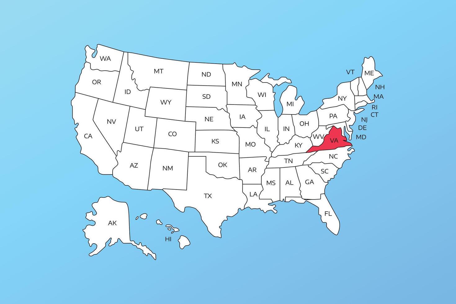 virginia map isolated on United states map. Editable blank map of USA vector
