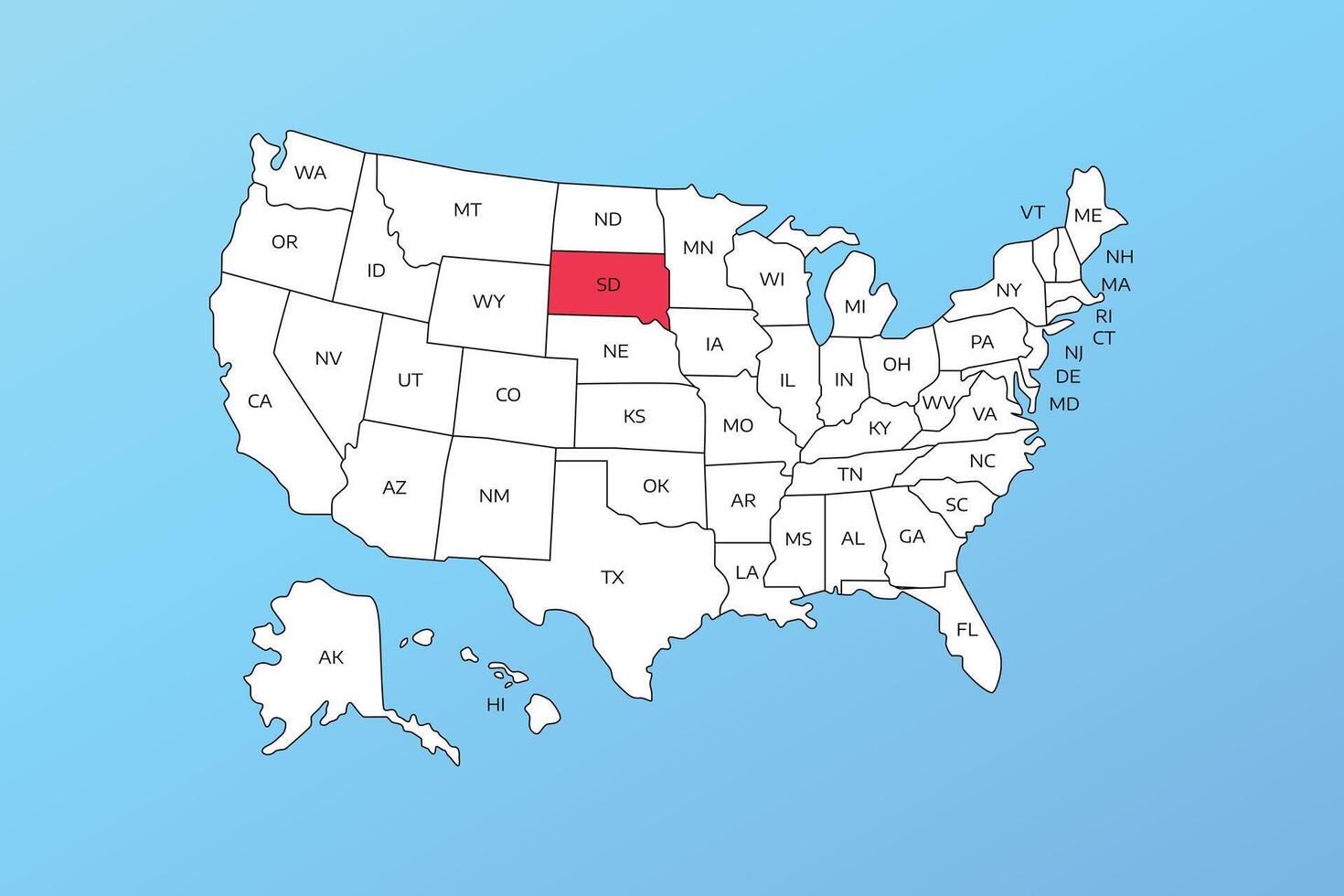 south dakota map isolated on United states map. Editable blank map of USA vector