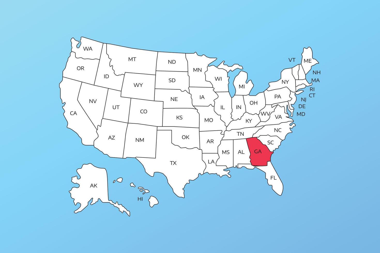 georgia map isolated on United states map. Editable blank map of USA vector