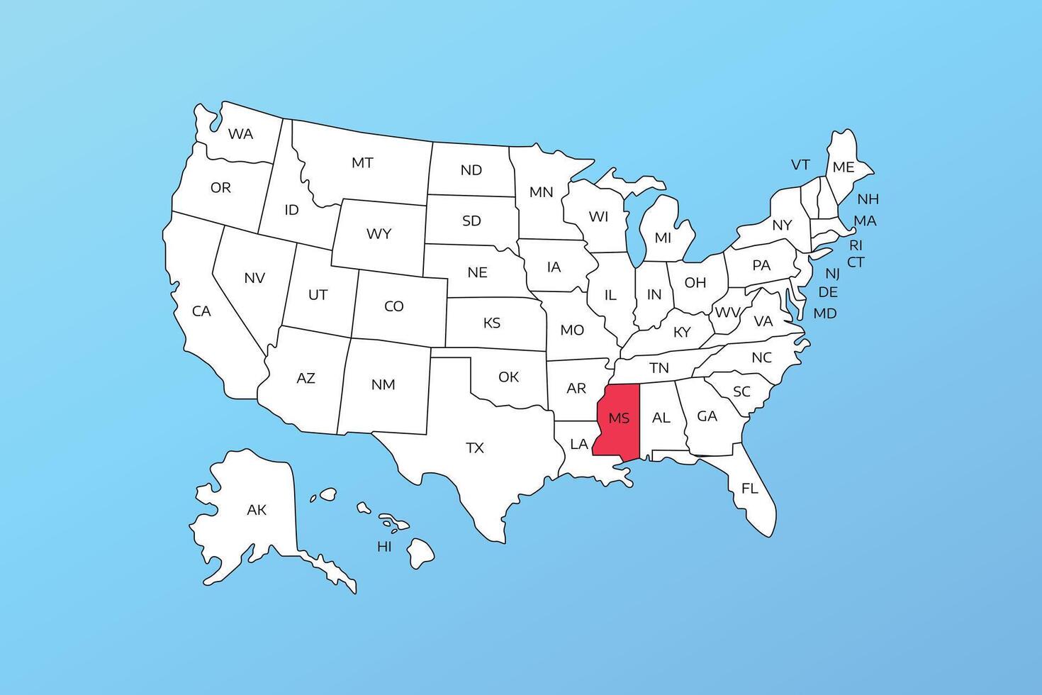 mississippi map isolated on United states map. Editable blank map of USA vector