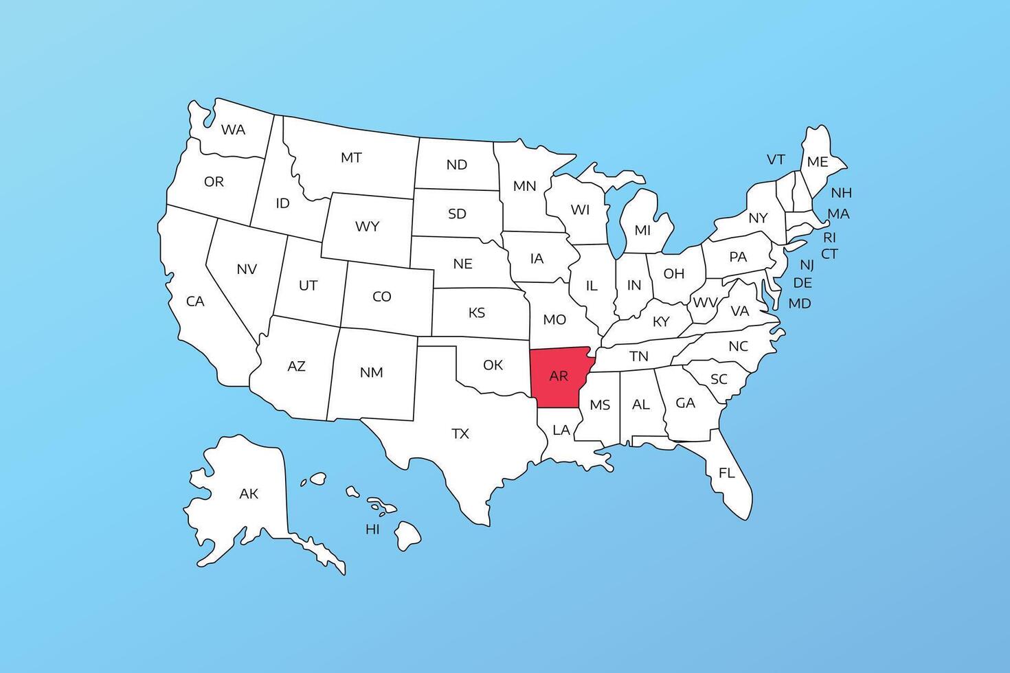 arkansas map isolated on United states map. Editable blank map of USA vector