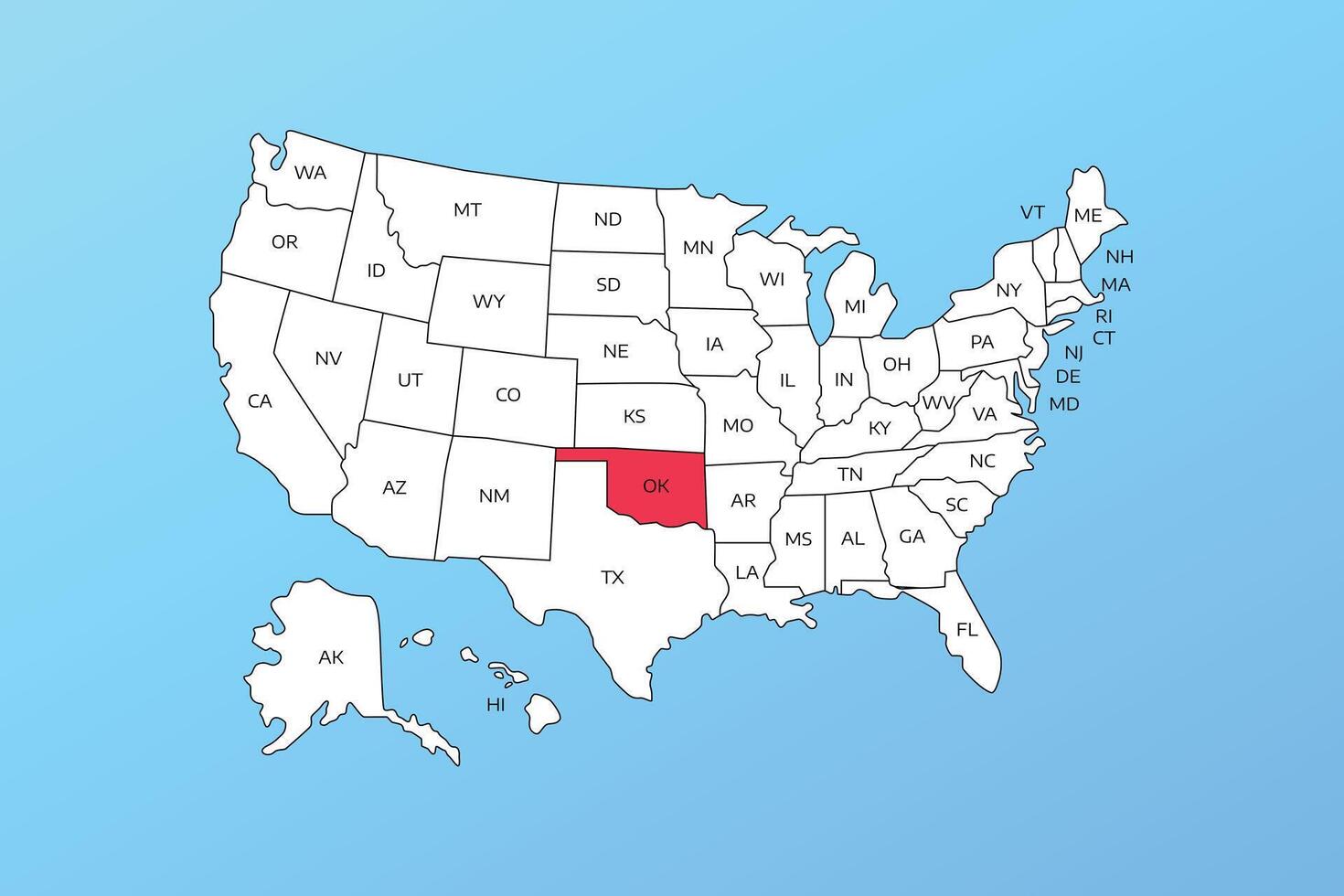 oklahoma map isolated on United states map. Editable blank map of USA vector
