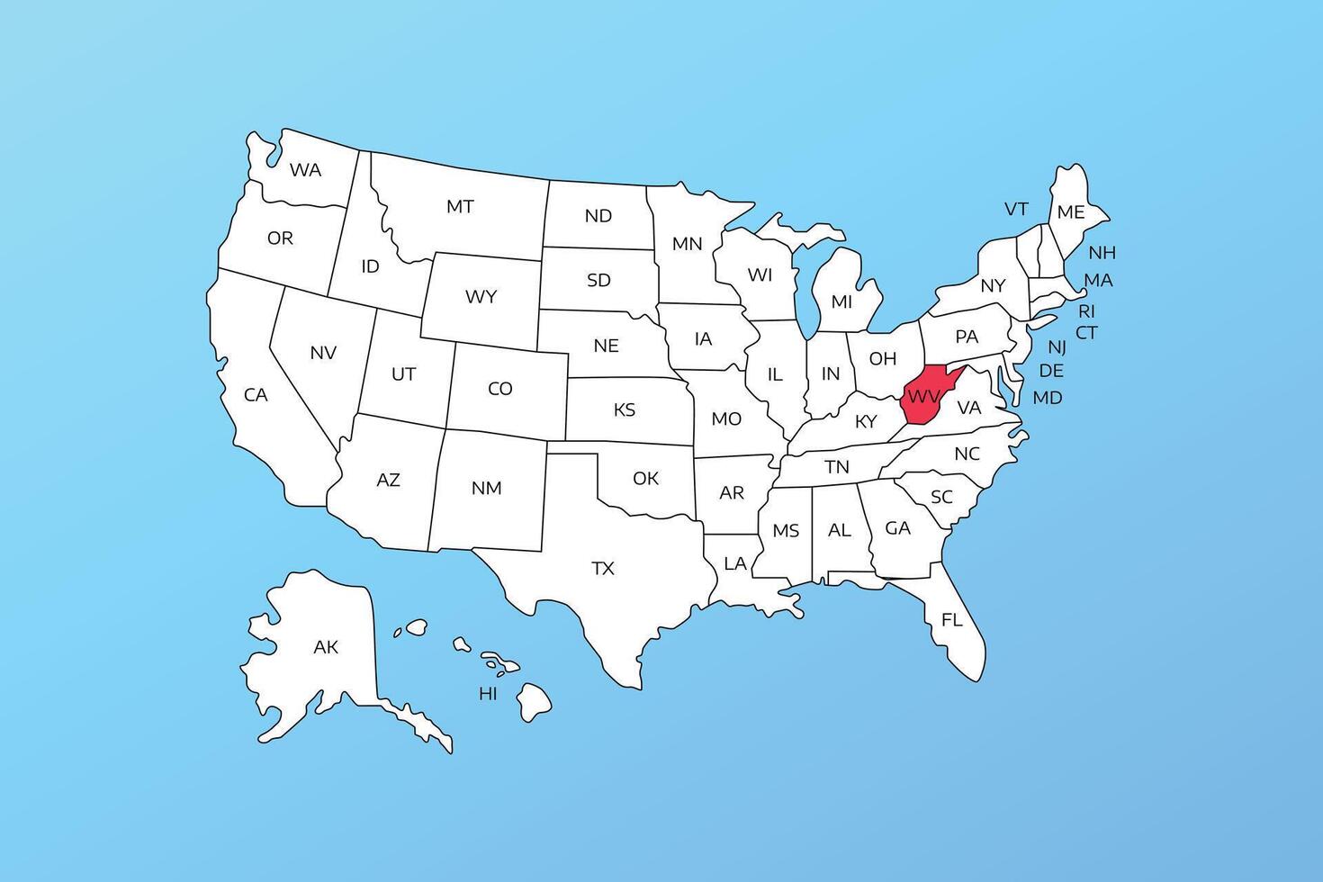 west virginia map isolated on United states map. Editable blank map of USA vector