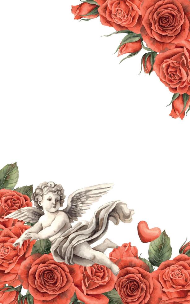 A bouquet of red roses with green leaves and an angel cupid flying among them. Watercolor illustration for cards, invitations, banners for a wedding, Valentines Day, birthdays and anniversaries. vector