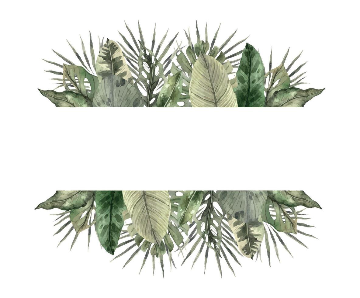 Monstera, calathea, dieffenbachia, palm, banana leaves. Watercolor tropical square border in monochrome style, floral and plant trend. Composition for invitations, cards, packaging, holidays, posters. vector