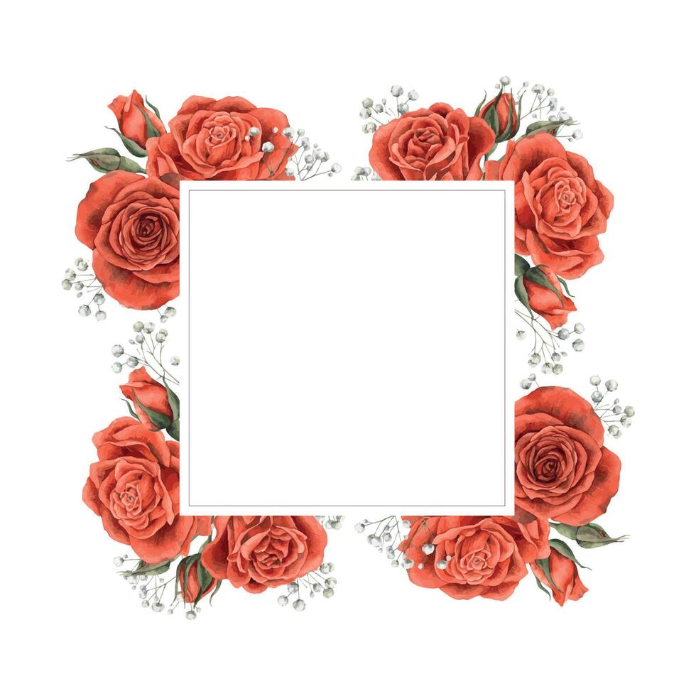 Red velvet bright roses with green leaves. Watercolor frame illustration, square shape, hand drawn, suitable for banners, cards, invitations, packaging, weddings, Valentine's Day, anniversary. vector