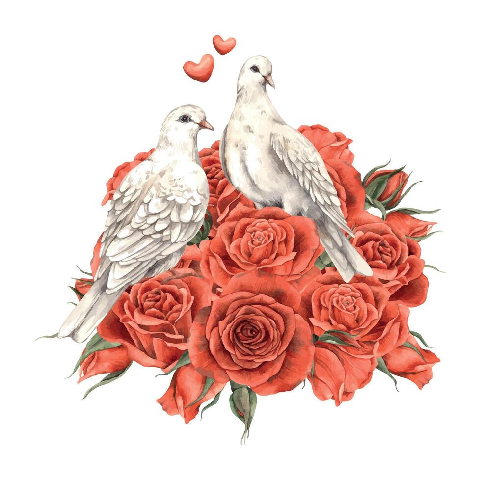 White realistic doves sit in a bouquet of red velvet roses with leaves and hearts fly around, the composition symbolizes love. Watercolor illustration for cards, wedding invitations, Valentine's Day, vector