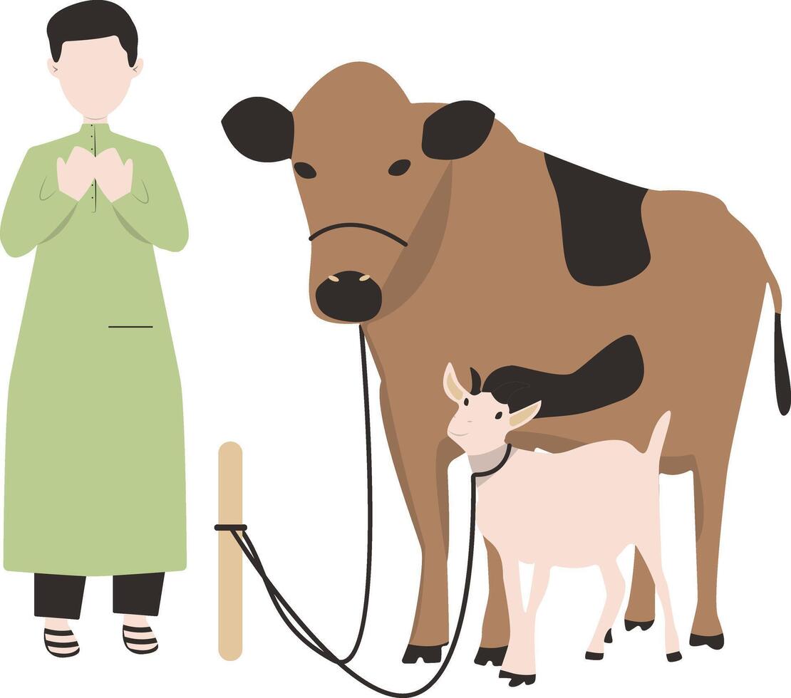 Muslim Man Eid Al adha Character with Sacrifice Animal vector