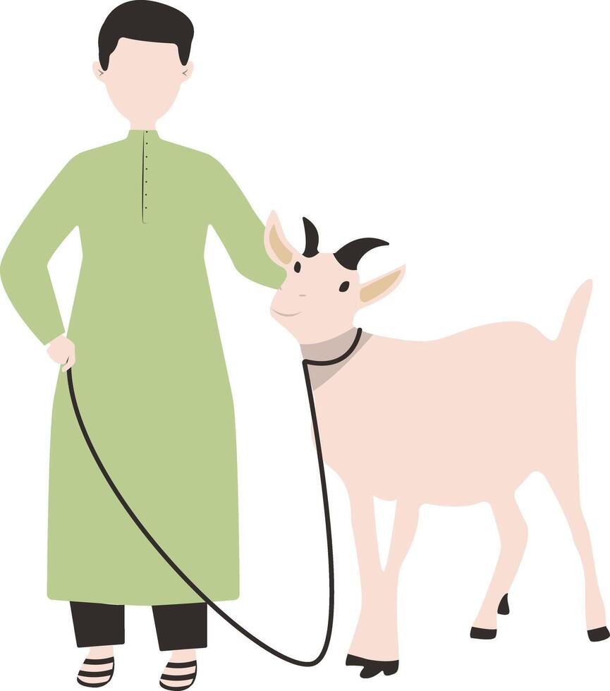 Muslim Man Eid Al adha Character with Sacrifice Goat. Isolated on White Background vector