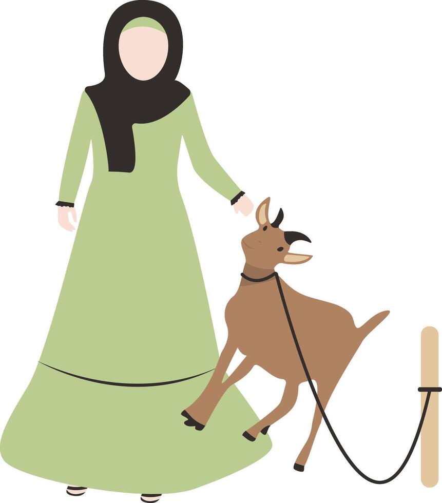 Muslim Woman Eid Al adha Character with Sacrifice Goat vector