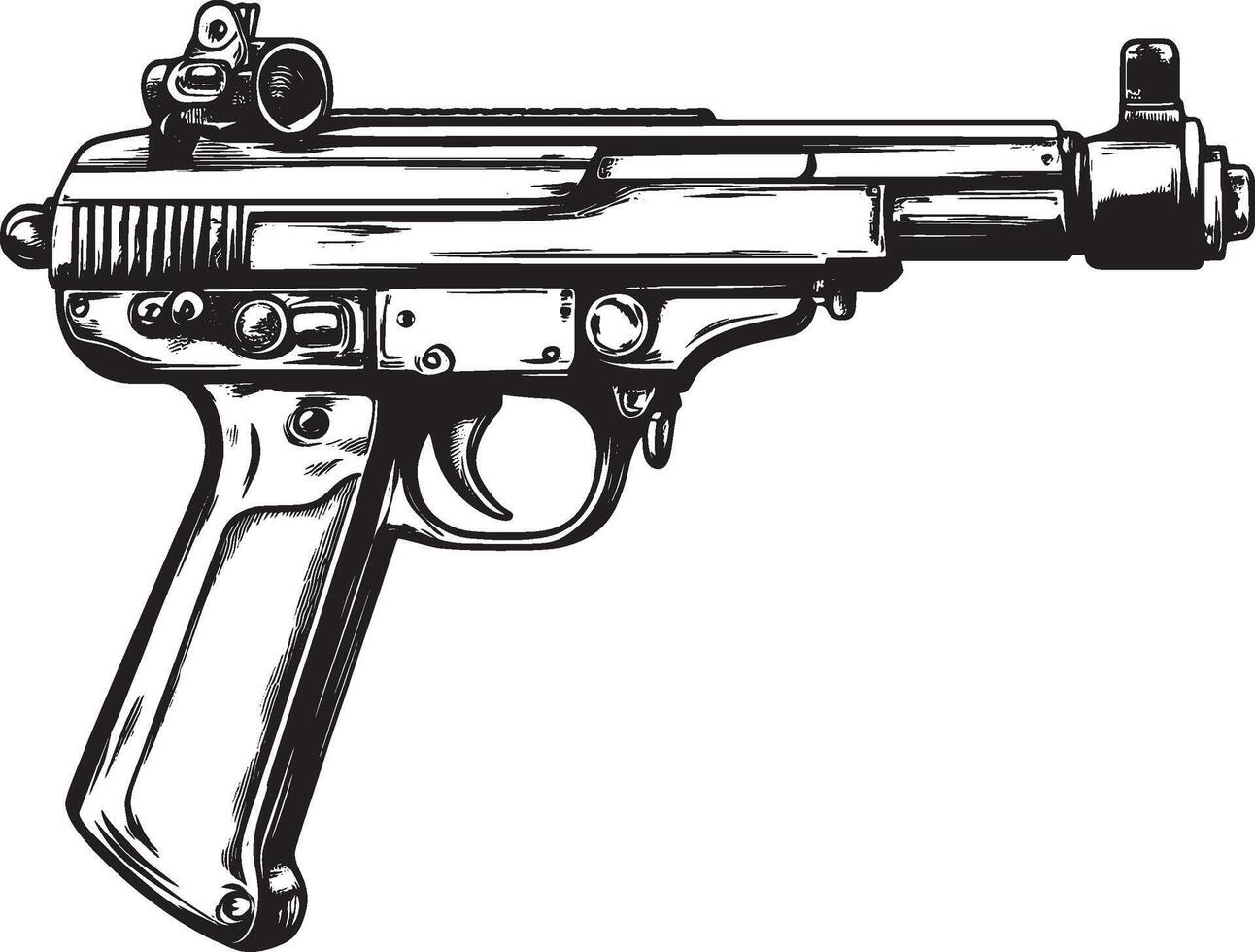 a black and white drawing of a gun, vector