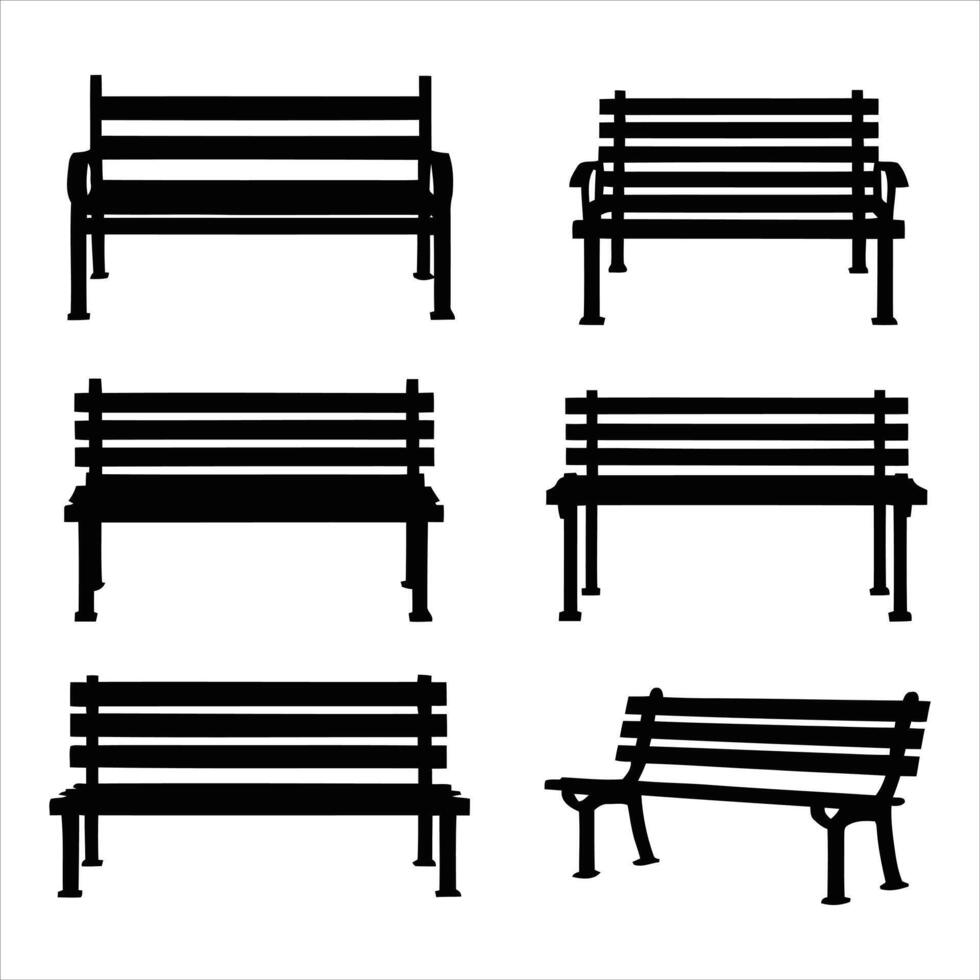 Collection of park benches in black silhouette on a white background. vector
