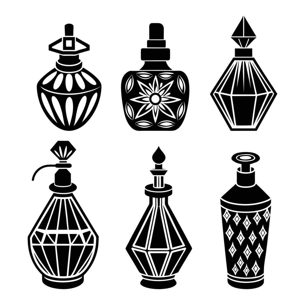Essence of Elegance A collection of ornate perfume bottles, each with its own unique silhouette, stands as a timeless symbol of luxury and refinement, inviting you to indulge in the art of fragrance. vector