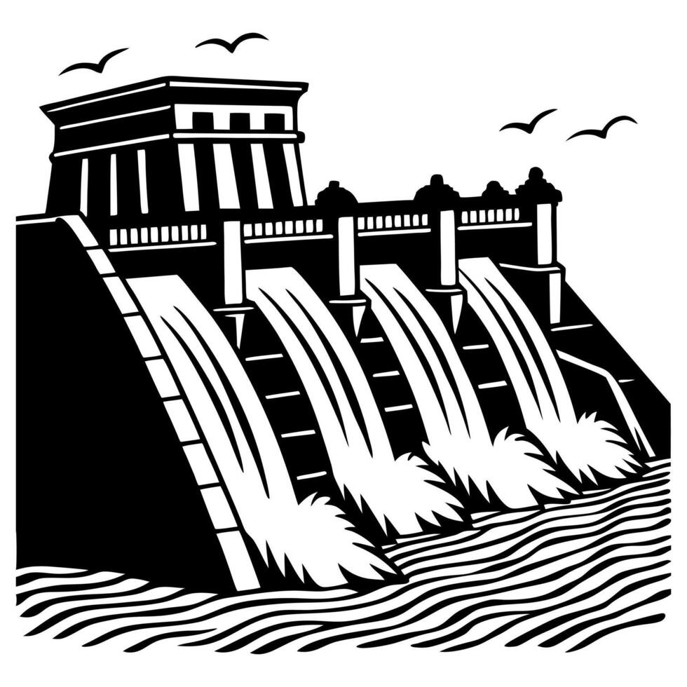 A powerful dam with water flowing through its gates, generating hydroelectric power vector