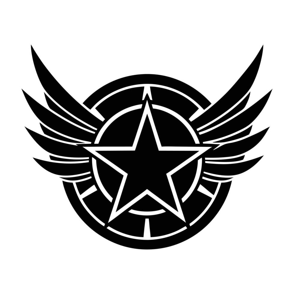 A black and white emblem featuring a winged shield and star icon vector