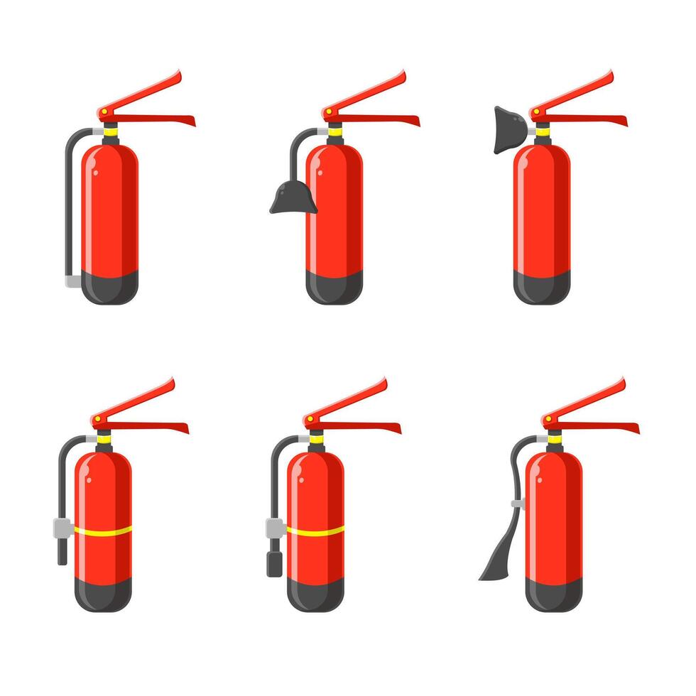Set of red flat illustrations of fire extinguishers isolated on white background. First warning, emergency. Fire protection equipment. Fire prevention equipment package for firefighters. vector