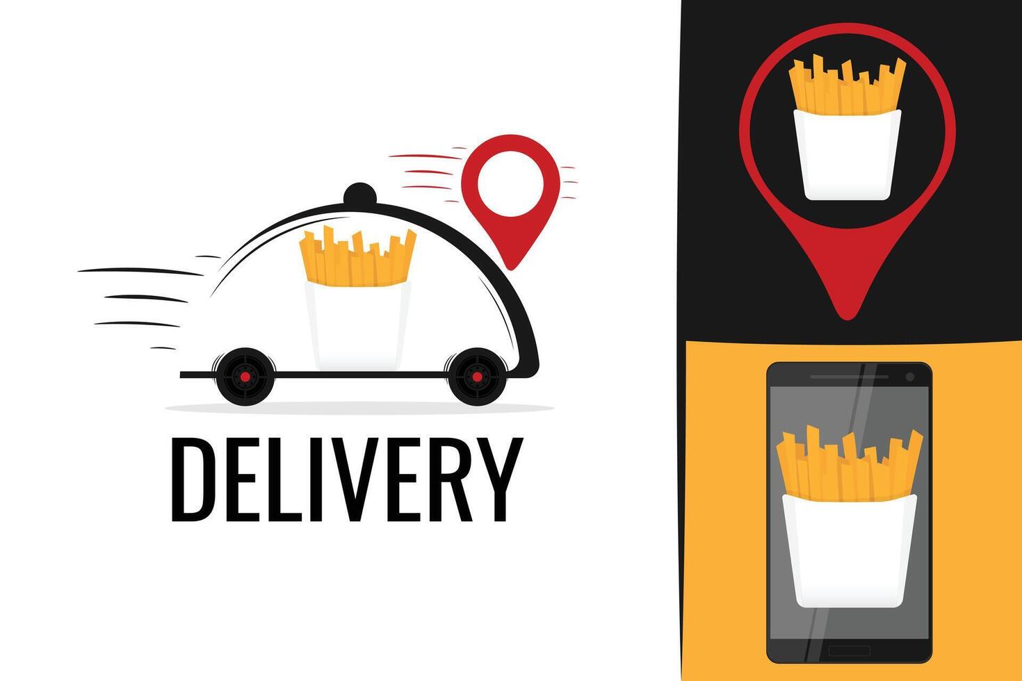 American Fast food french fries delivery logo. Fast fries logotype. Potato fries delivery vector