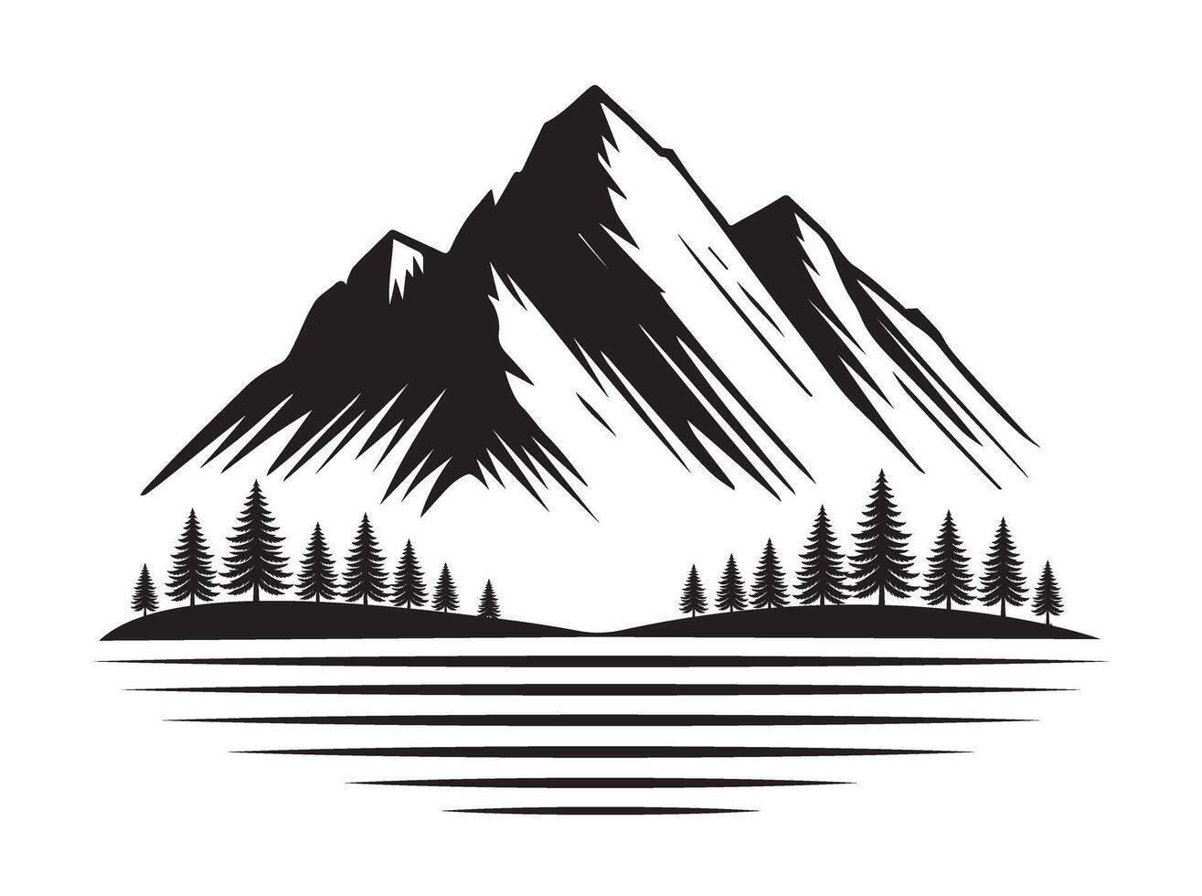 minimalist black and white silhouette of majestic mountain range with snowy peaks, surrounded by pine trees, evoking adventure, tranquility, and wilderness. Ideal for emblems, tattoos travel designs. vector