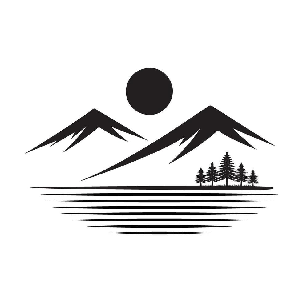 A stunning black silhouette of a rocky mountain range with snowy peaks, a serene sun, and pine trees. Capturing adventure, tranquility, and wilderness, it's perfect for scenic emblems outdoor vector