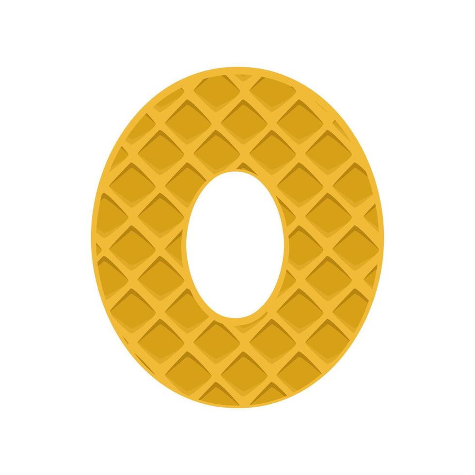 Number 0 element waffle. Crunchy waffle in the shape of number Zero. illustration. Alphabet, letters, numbers and signs made from cookie, waffle. vector