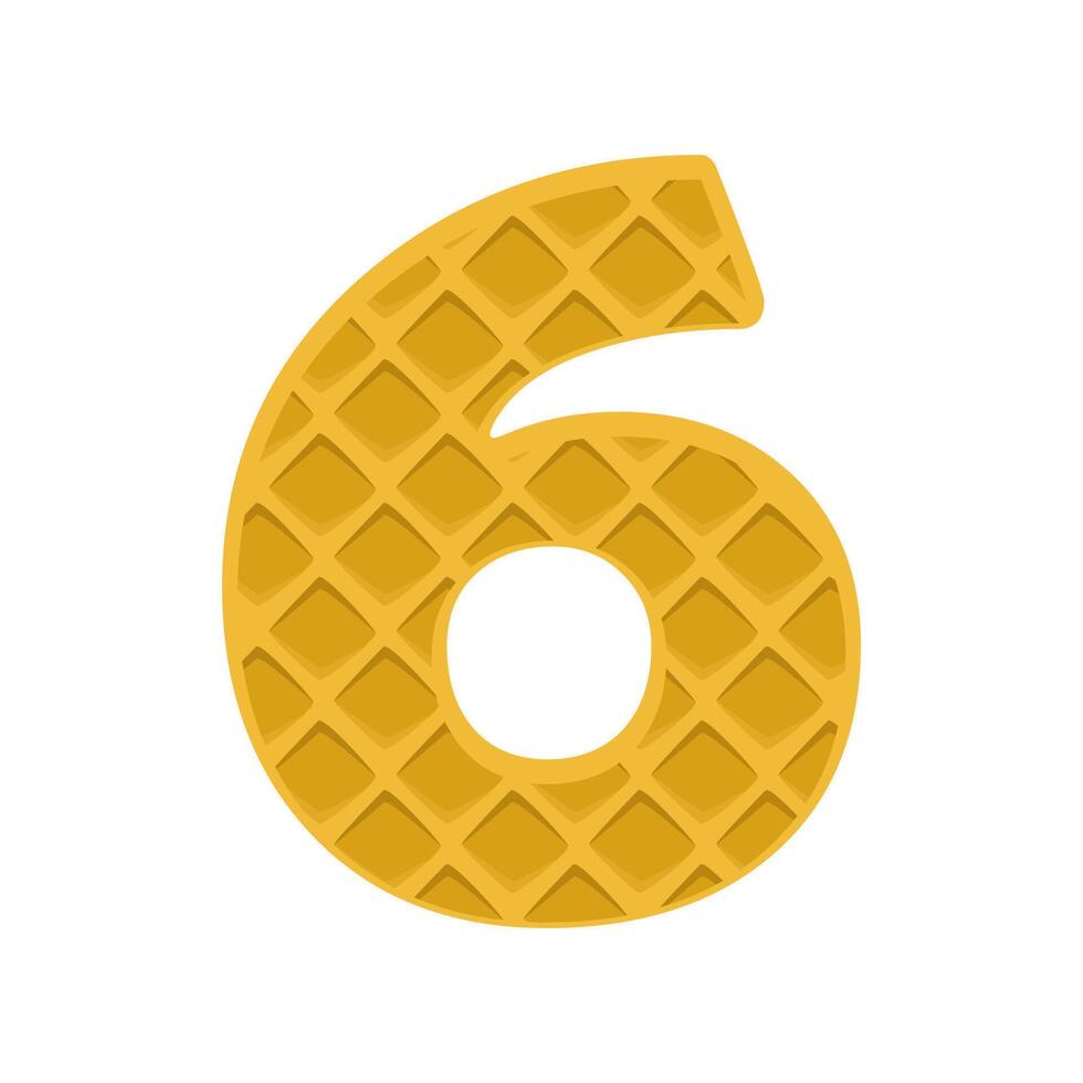 Number 6 element waffle. Crunchy waffle in the shape of number Six. illustration. Alphabet, letters, numbers and signs made from cookie, waffle. vector