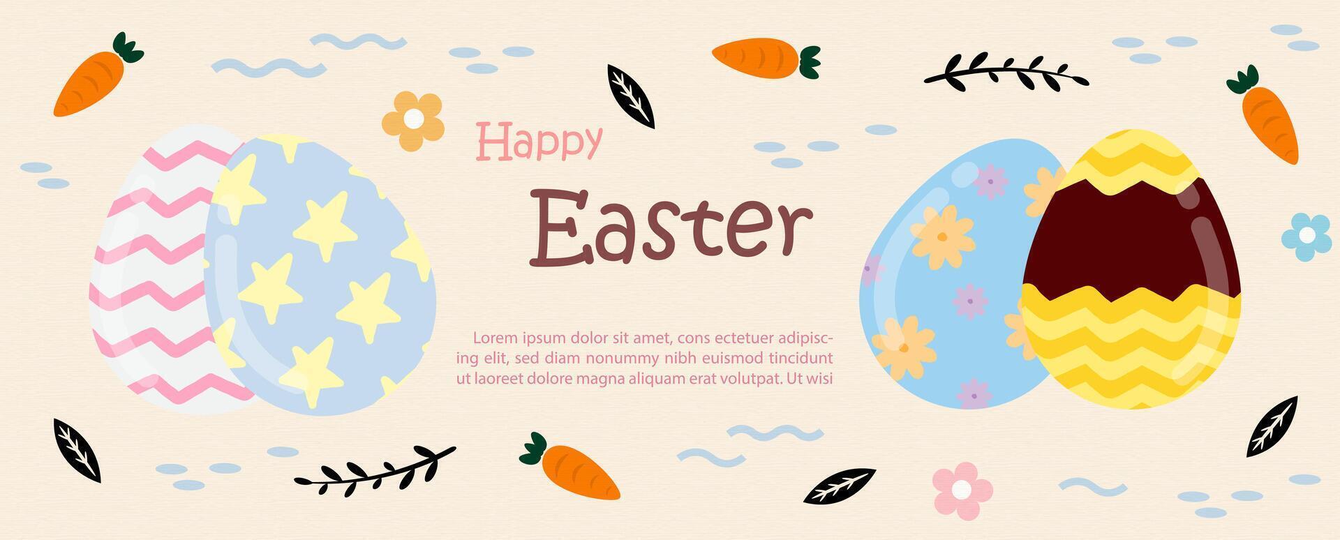 Happy Easter day greeting card and web banner in cartoon character and flat style with example texts vector