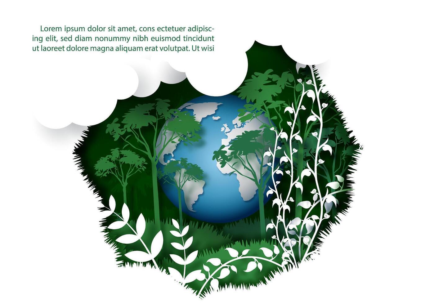 Poster illustration of Mother Earth day or World Environment's day with 3d global and plants in paper cut style, example texts on white background. vector
