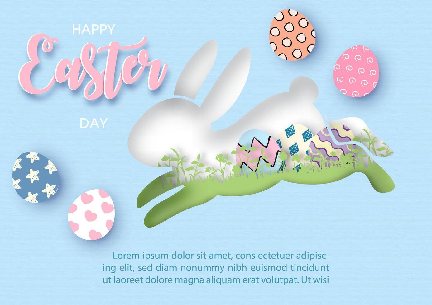 Happy Easter day greeting card in layers paper cut style of a bunny jump shape with Easter day wording, example texts on white paper pattern background. vector