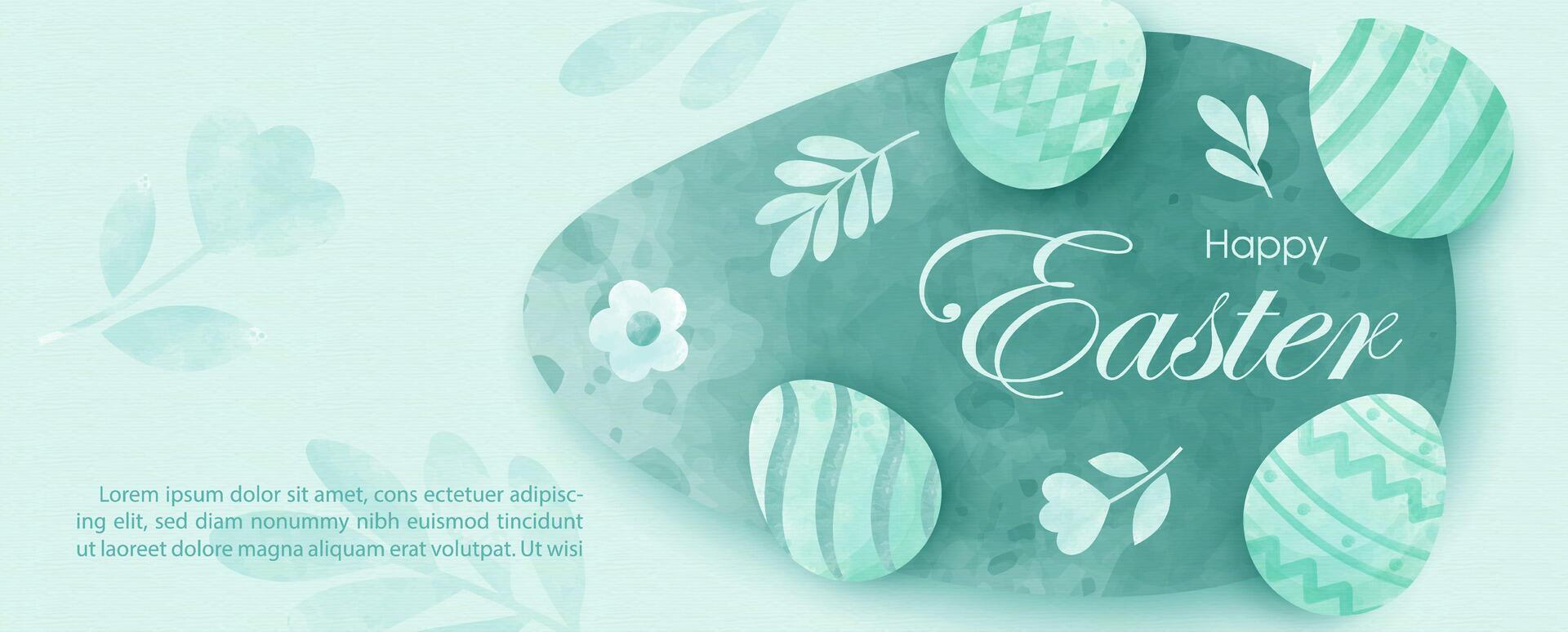 Happy Easter in web banner and green mono tone watercolors style, example texts on leaf pattern background. vector