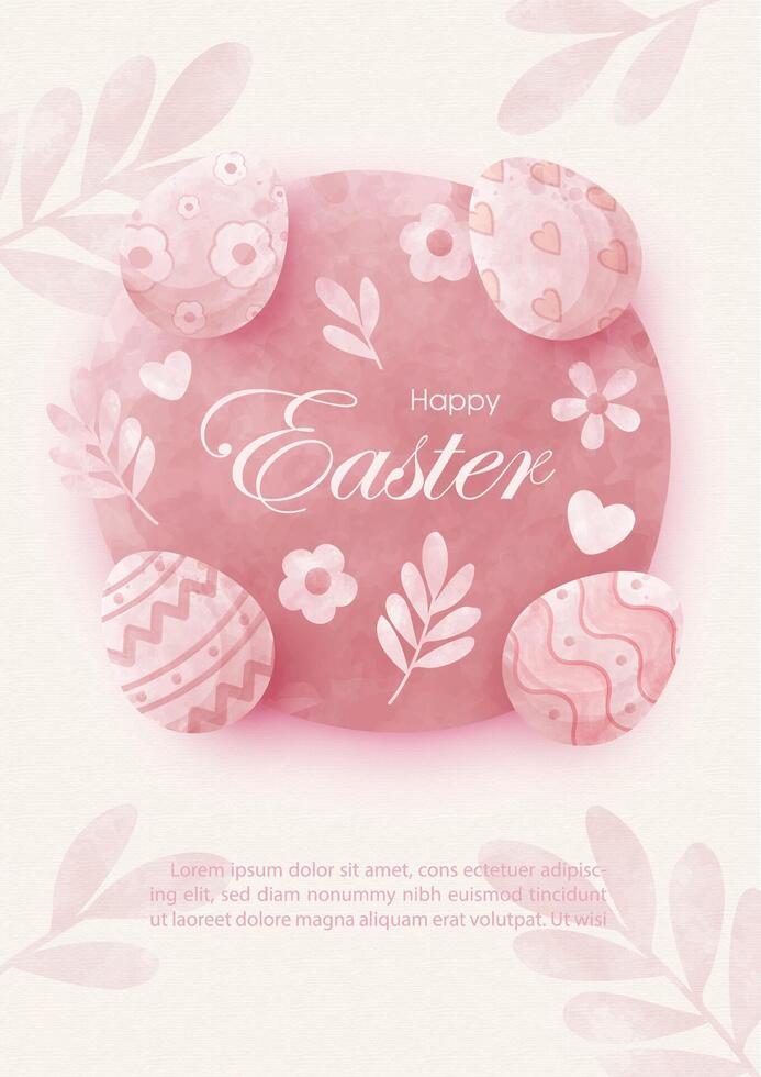 Happy Easter greeting card in pink mono tone watercolors style, example texts on leaf pattern background. vector