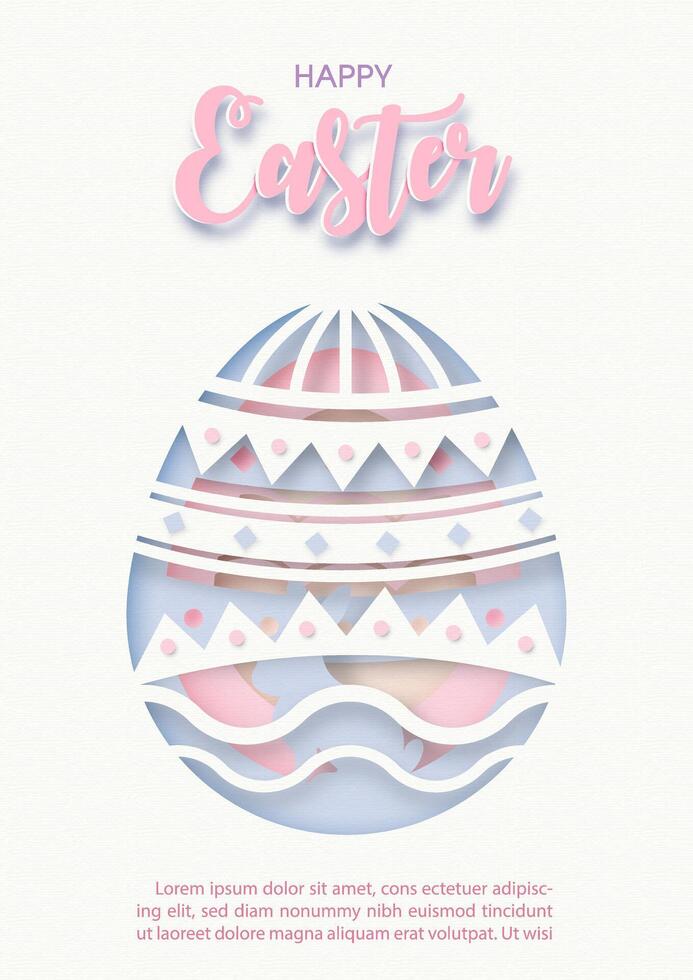 Happy Easter day greeting card in layers paper cut style of Easter egg shape with Easter day wording, example texts on white paper pattern background. vector