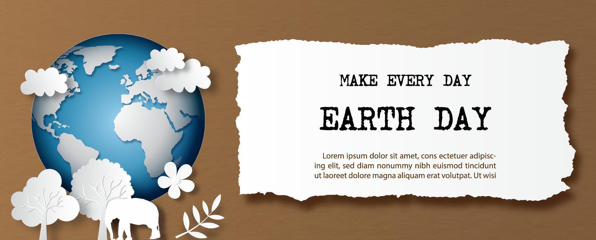 Environment of nature in paper cut style on global with the Earth day slogan on Torn paper and brown background. Poster campaign of Earth day in banner design. vector