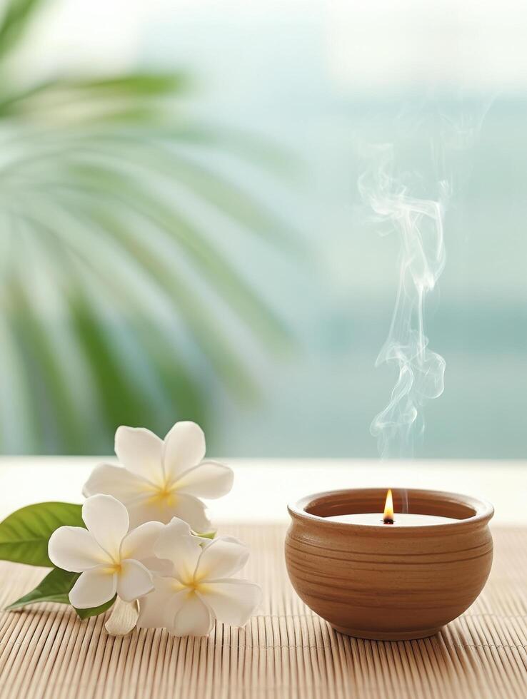 serene spa setting featuring lit candle, flowers, and gentle smoke photo