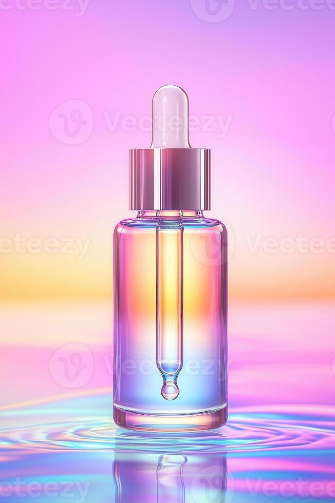 premium dropper bottle with colorful gradient background, reflecting light beautifully photo