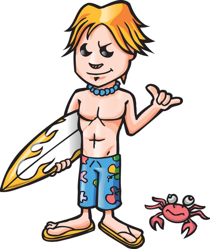 a cartoon boy with a surfboard and crab vector