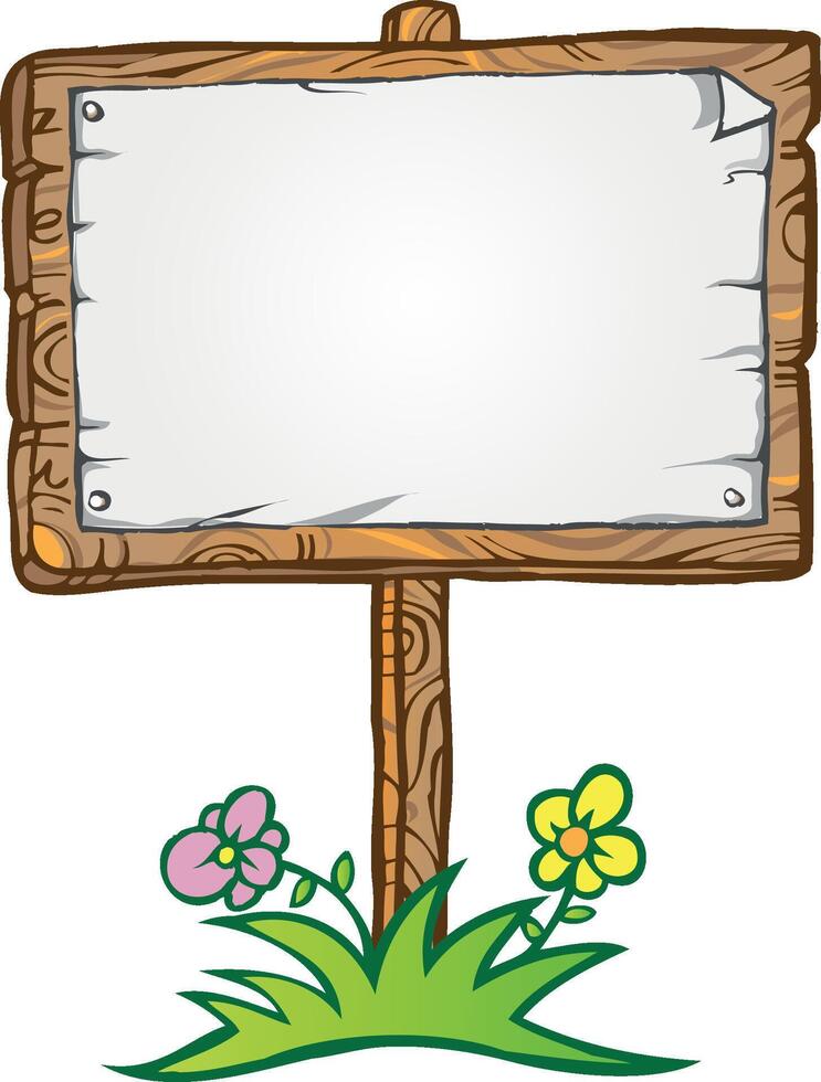 wooden sign with flowers and grass on a white background vector