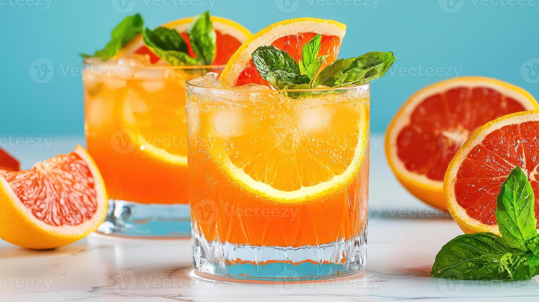 Refreshing citrus cocktail with orange and grapefruit slices, garnished with mint leaves. Perfect for summer gatherings and celebrations photo