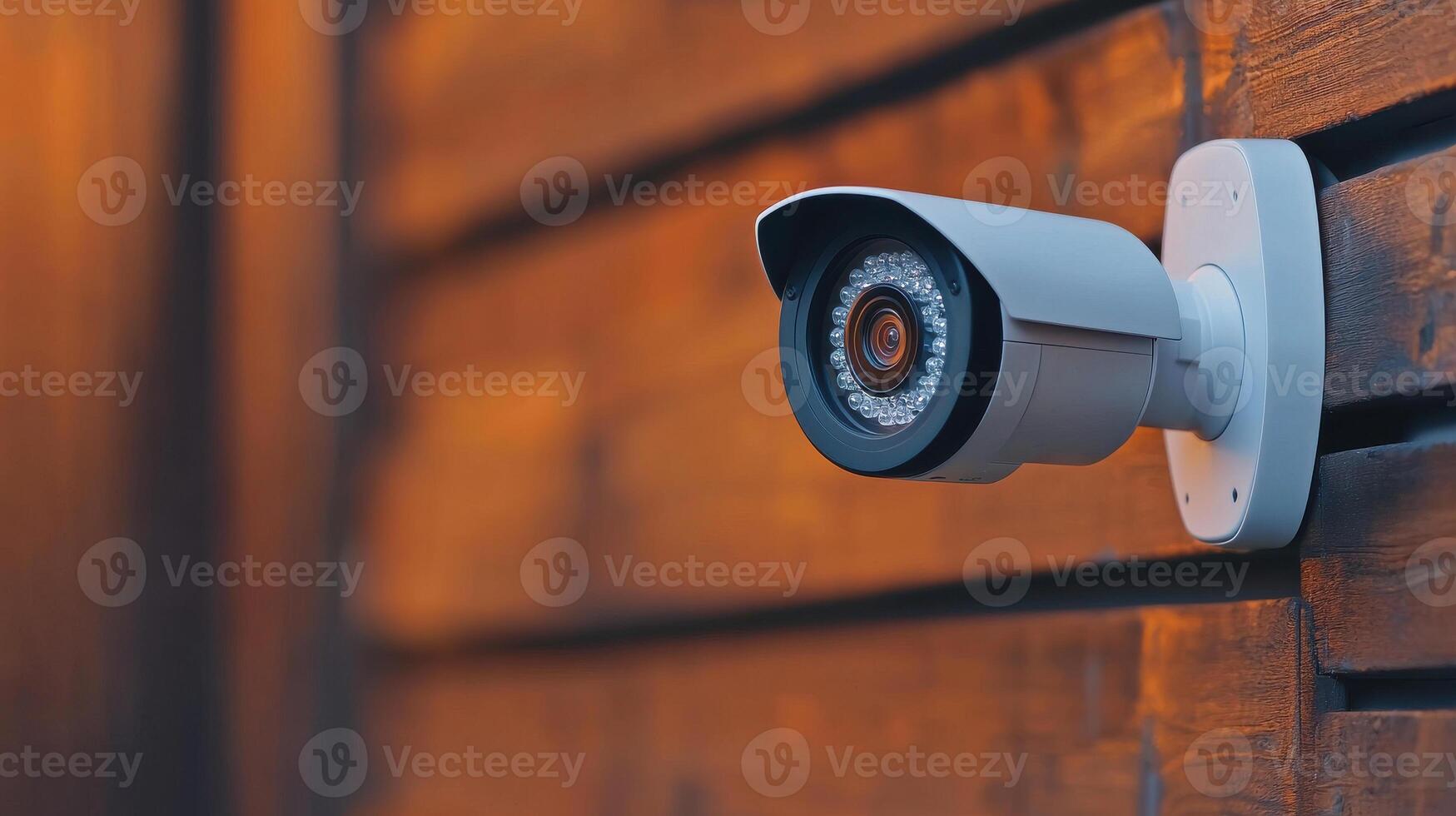 High resolution security camera mounted on wooden wall, providing surveillance photo