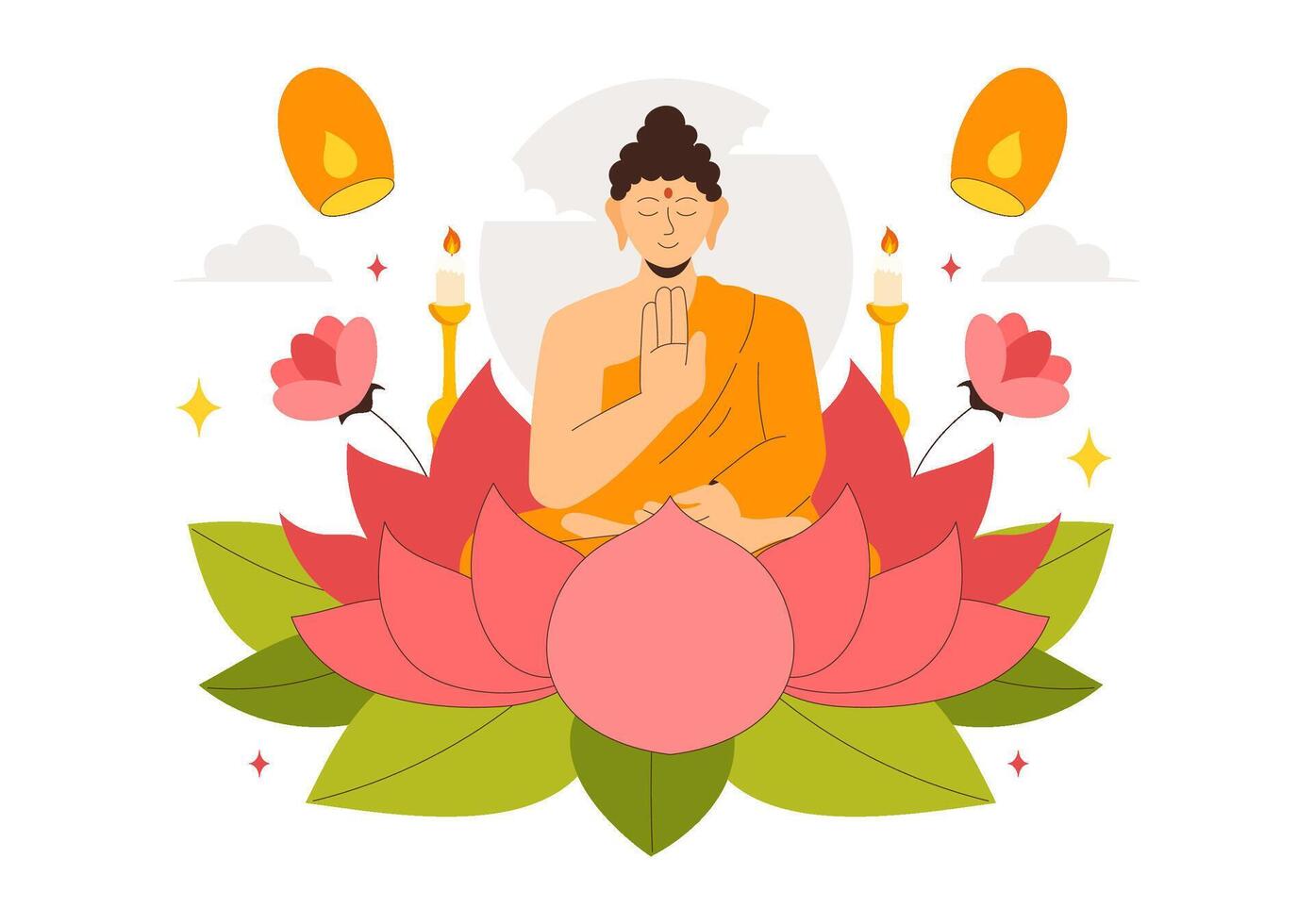 Happy Vesak Day Illustration with Buddha's Meditation, Lotus, and Lanterns in Flat Cartoon Background vector